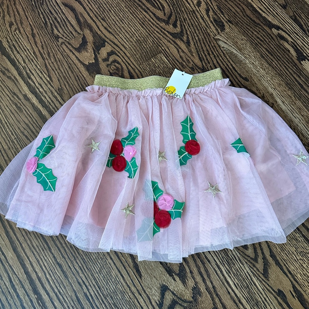 Mini Boden Pink Tulle Skirt with Holly Appliqué